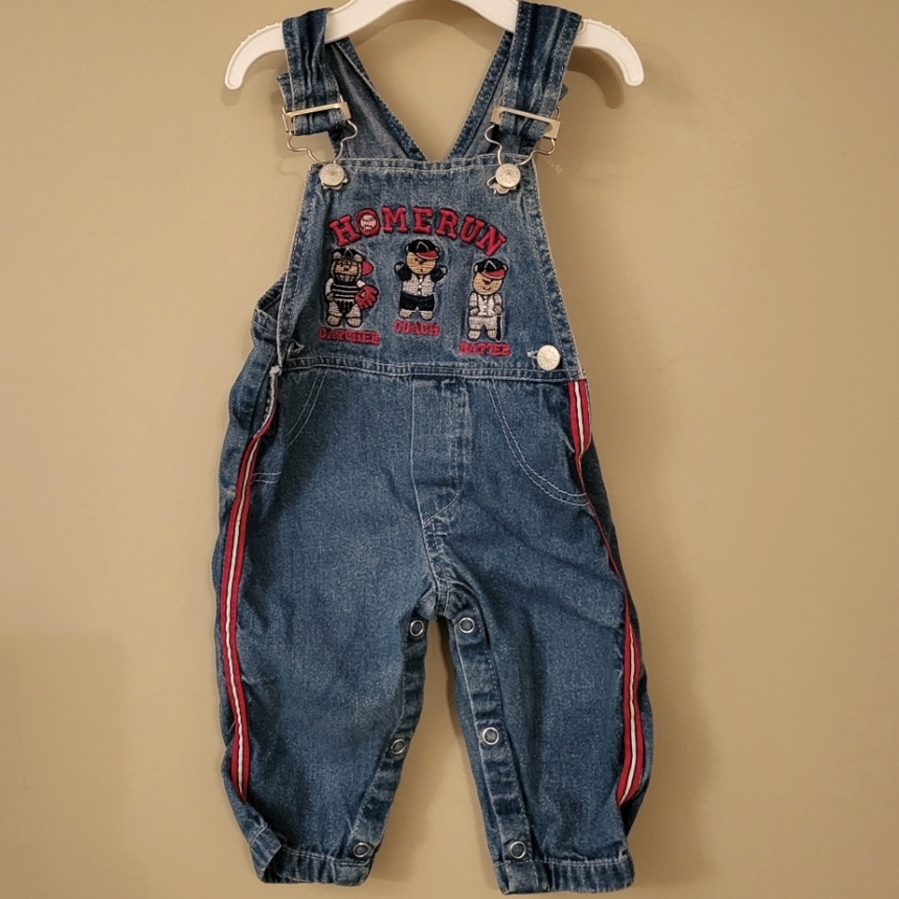 Vintage baseball themed embroidered denim overalls